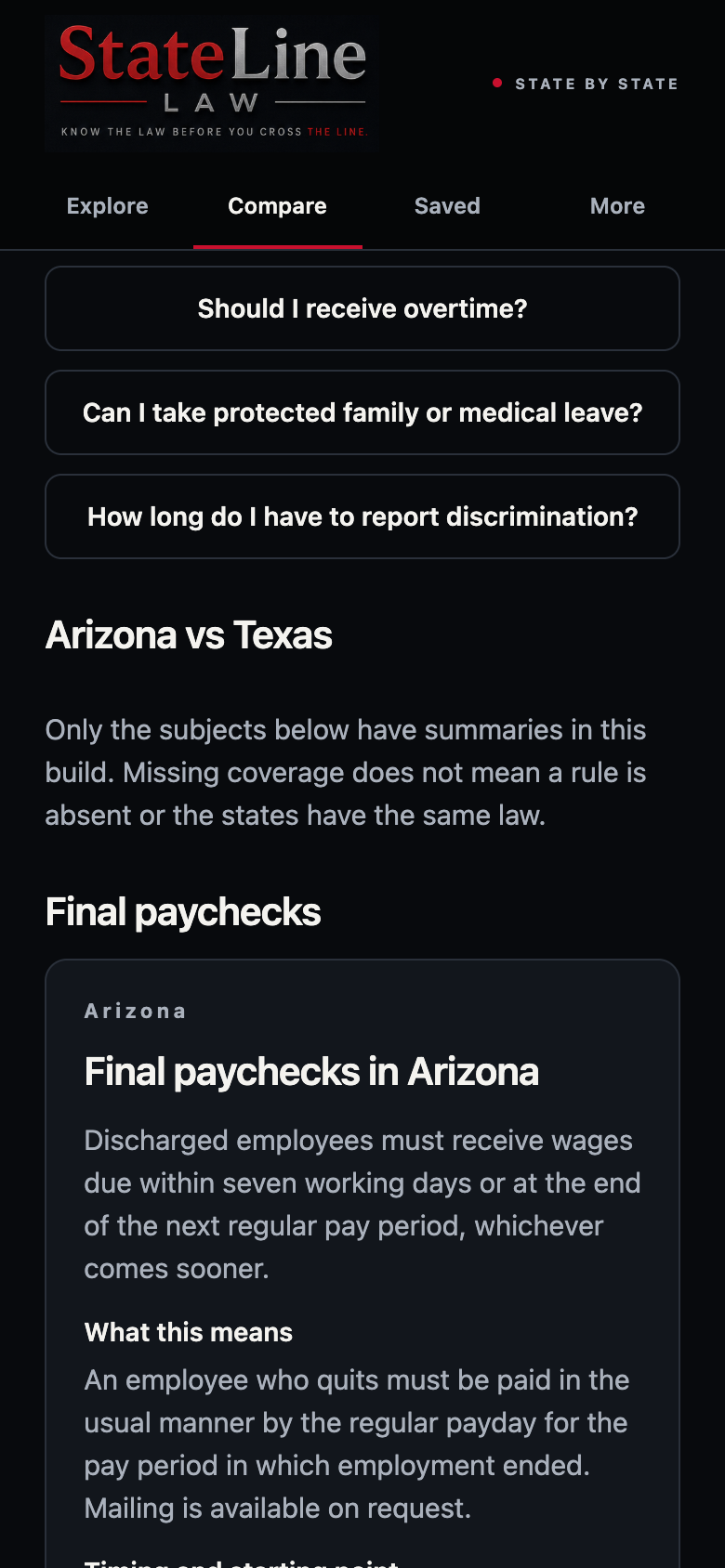 StateLine Law comparison screen